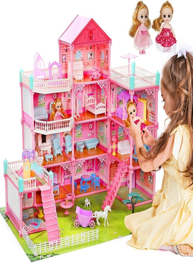 Junona Dollhouse for 3-10 Year Old Girls, 11-Room Doll House with Lights, Steam Chimney, Garden, Furniture, Accessories, and Doll, DIY Pretend Play Kit, Gift for Girls - Pink - Image 1